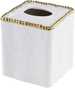 TISSUE BOX WHITE W/GOLD BEAD