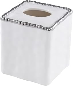 TISSUE BOX WHITE W/SILVER BEAD